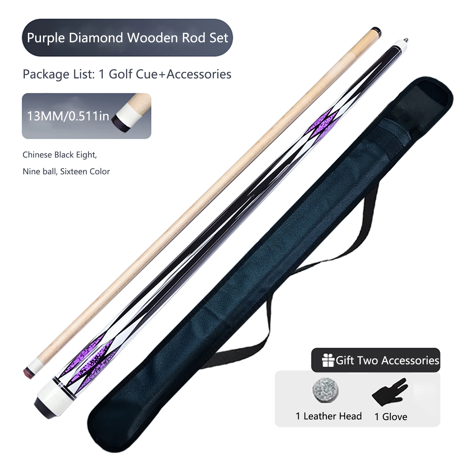 New Maple Pool Cue with Carrying Case 1/2 Split 148cm13mmTip Large Diamond Purple for Nine Ball Adult Billiards Training Player