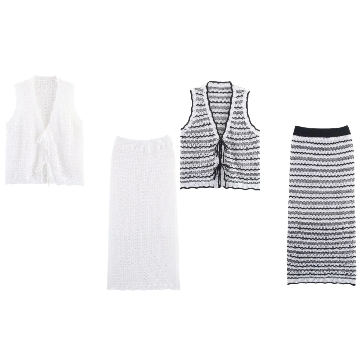 

MYST&ZA Women's Summer New Strap Front V-neck Sleeveless Striped Knitted Hollow Tank Top+Striped Knitted Hollow Long Skirt