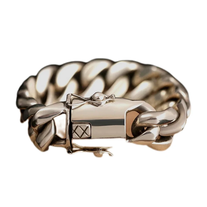 Domineering Thick Cuban Silver Bracelet Men's Trendy Punk Personality European Hip Hop Wide Version Silver Plated Bracelet