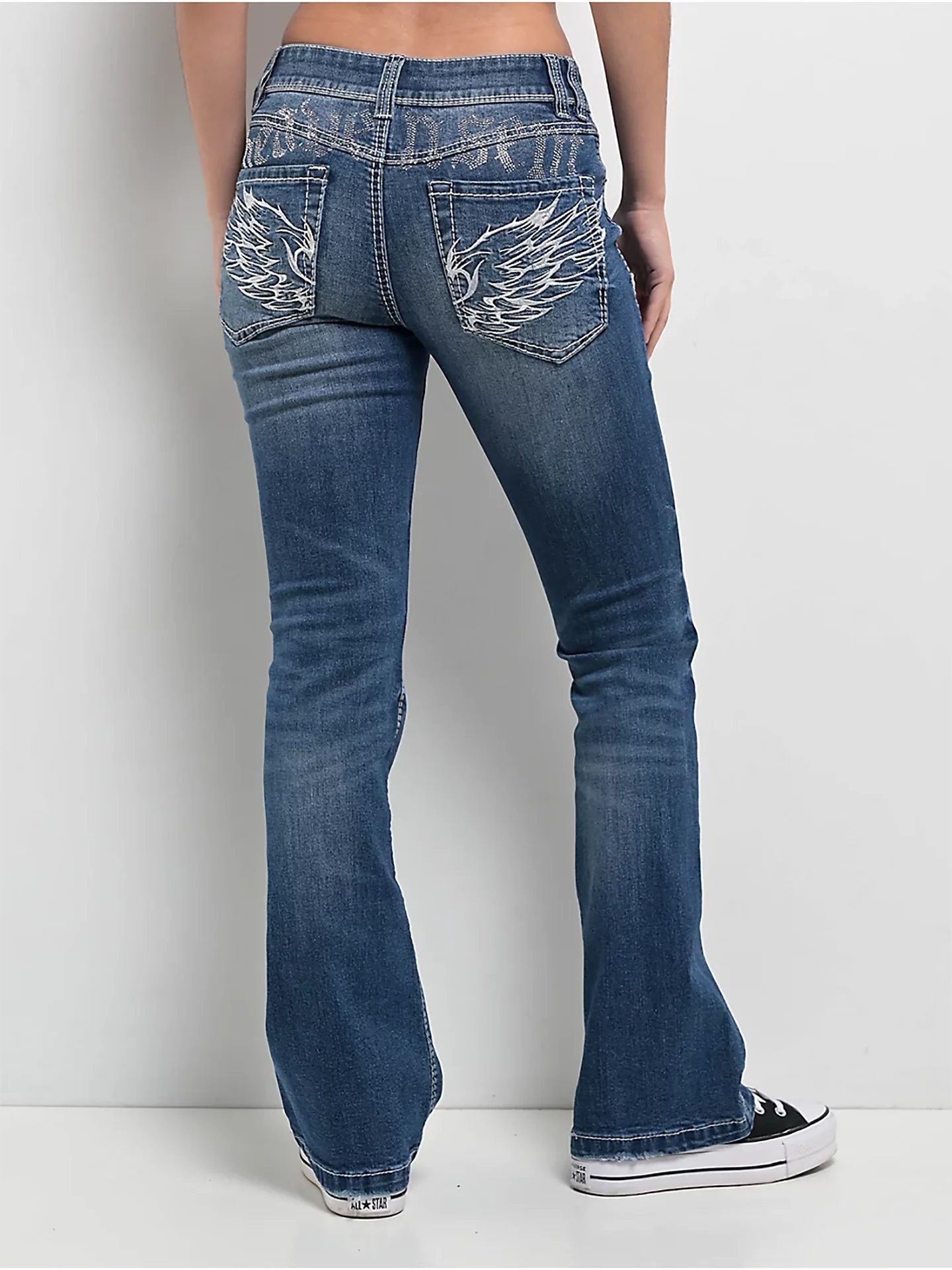 Embroidered Washed Blue Bell Bottom Denim Jeans Alyssia by NinthHall Low Waist Zipper Fly Feathers Pattern Casual T...
