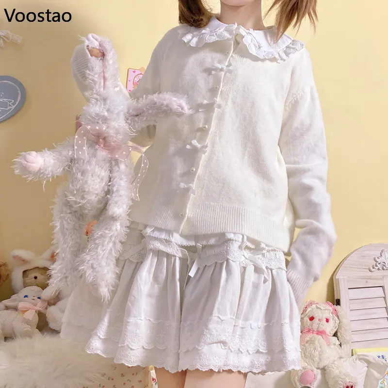 Autunno giapponese Kawaii ragazze Lolita Cardigan lavorato a maglia dolce carino fiocco di perle maglione rosa top donna Harajuku o-collo maglieria