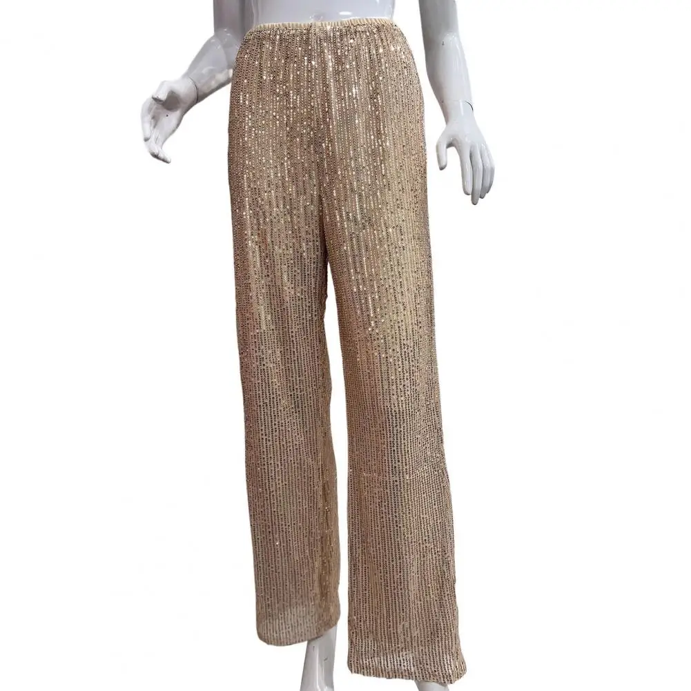 Solid Color Pants Women Pants Sequin Embellished Wide Leg Pants for Women Mid-rise Elastic Waist Trousers with Shiny Details