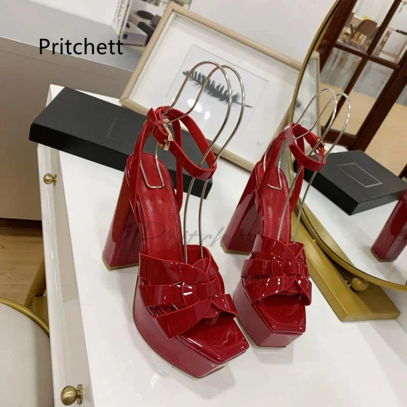 Bright Leather Chunky High Heeled Women's Sandals Summer Open Square Toe Platform Shoes Elegant Party High Heels Office Shoes