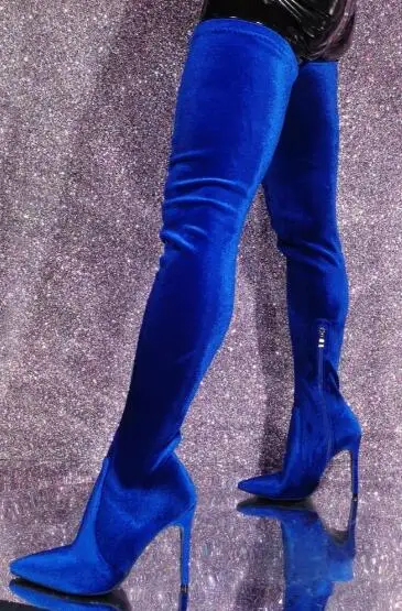 Winter Royal Blue Velvet Solid Pointed Toe Stiletto Heel Slim Over The Knee Boots Women Sexy Thigh Long Boots Drop Shipping