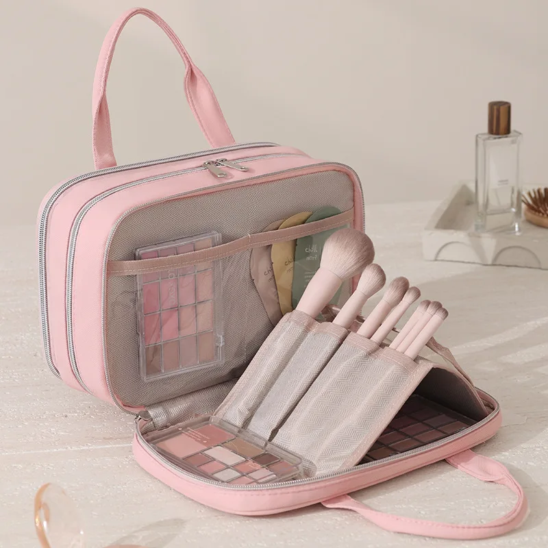 B 2026 New Large Capacity Cosmetic Bag Female Travel Wash Handbag Double Zipper Travel Makeup Brush Toiletries Storage Bag