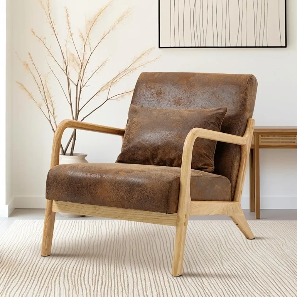 

Home Office Brown PU Leather Chair With Waist Cushion Bedroom Living Room Chair Coffee Chairs Cafe Wooden Crust Café Furniture