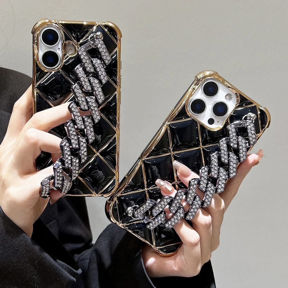 

Fashion Branded 3D Grid Soft Phone Case for iPhone 16 15 14 13 12 11 Pro Max Bling Diamond Wrist Chain Bracelet Shockproof Cover