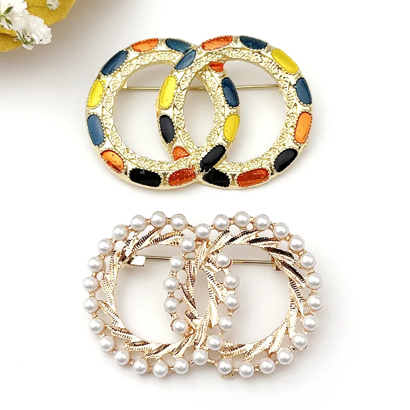 Trendy Design Pearl Colorful Enamel Double Circle Brooch Anti Slip Metal Ring Pins Women Summer Daily Colthes Button Accessories