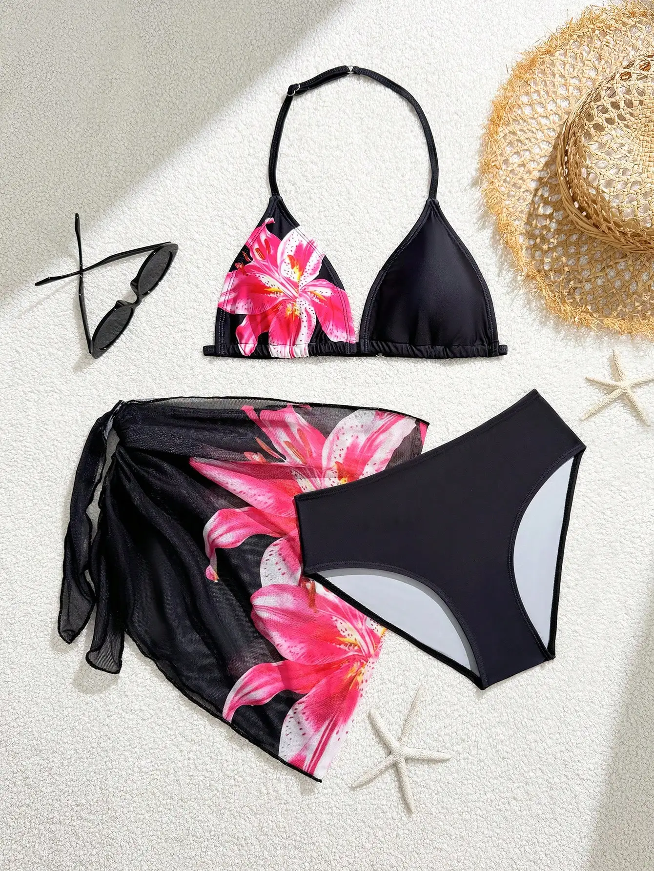 

3 Piece Floral Print Bikini Set With Cover Up Skirt For Women