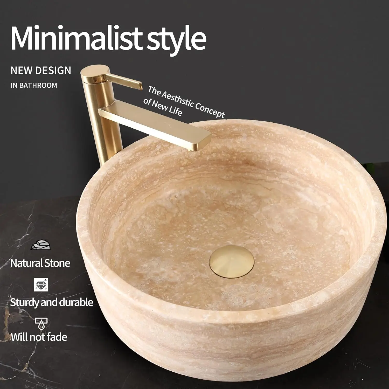 Telazzo Beige Travertine Marble 40CM Modern Eco-Friendly Round Bathroom Vessel Sink For Home Hotel Decor