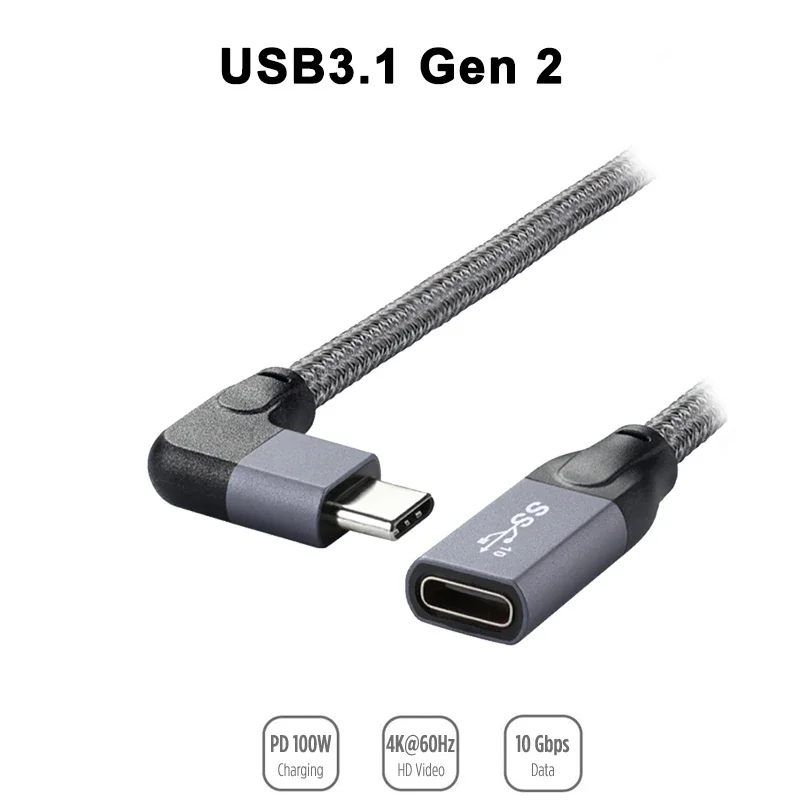 100W PD 5A Elbow USB3.1 Type-C Extension Cable 4K @60Hz 10Gbps USB-C Gen2 Extender Cord For MacBook Pro Dell HP XIAOMI USB-C HUB