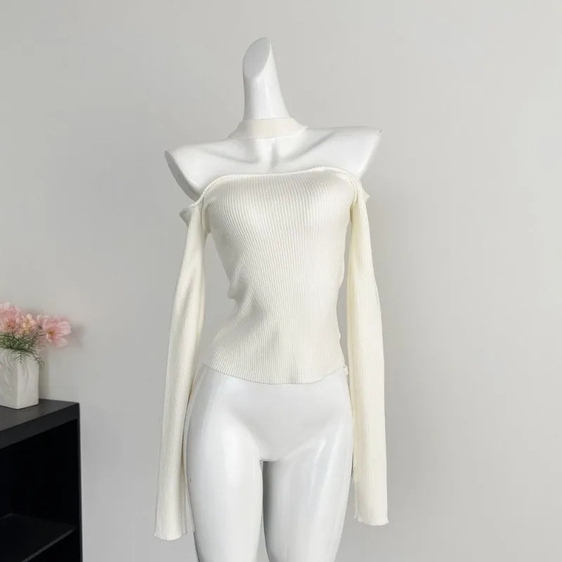 Women Y2K Knit Base Top Reversible Mock Neck Cold Shoulder Slim Fit Long Sleeve Tee For Autumn Winter