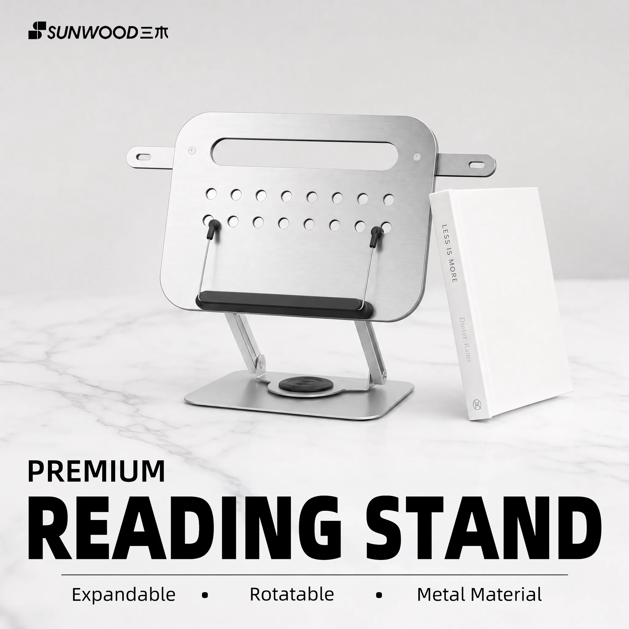 SUNWOOD R55 Silver Dual-Bar Extendable 360° Rotating Reading Stand Book Page Holder Multifunctional Foldable Tablet Cooling Stan