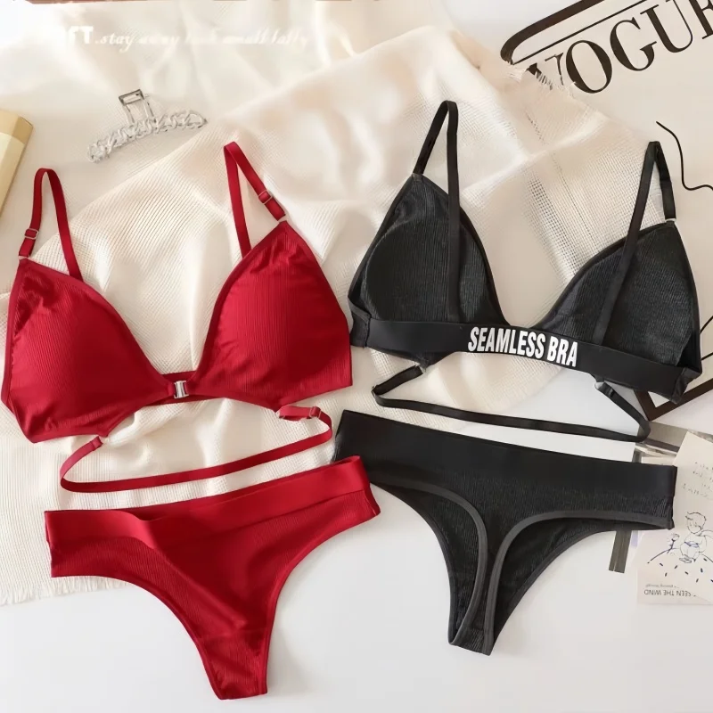 Soft Stretch Cotton Rib Two Piece Lingerie Set Women Front Metal Clasp Triangle Padded Bra & Thong Set One Size Underwear Suit
