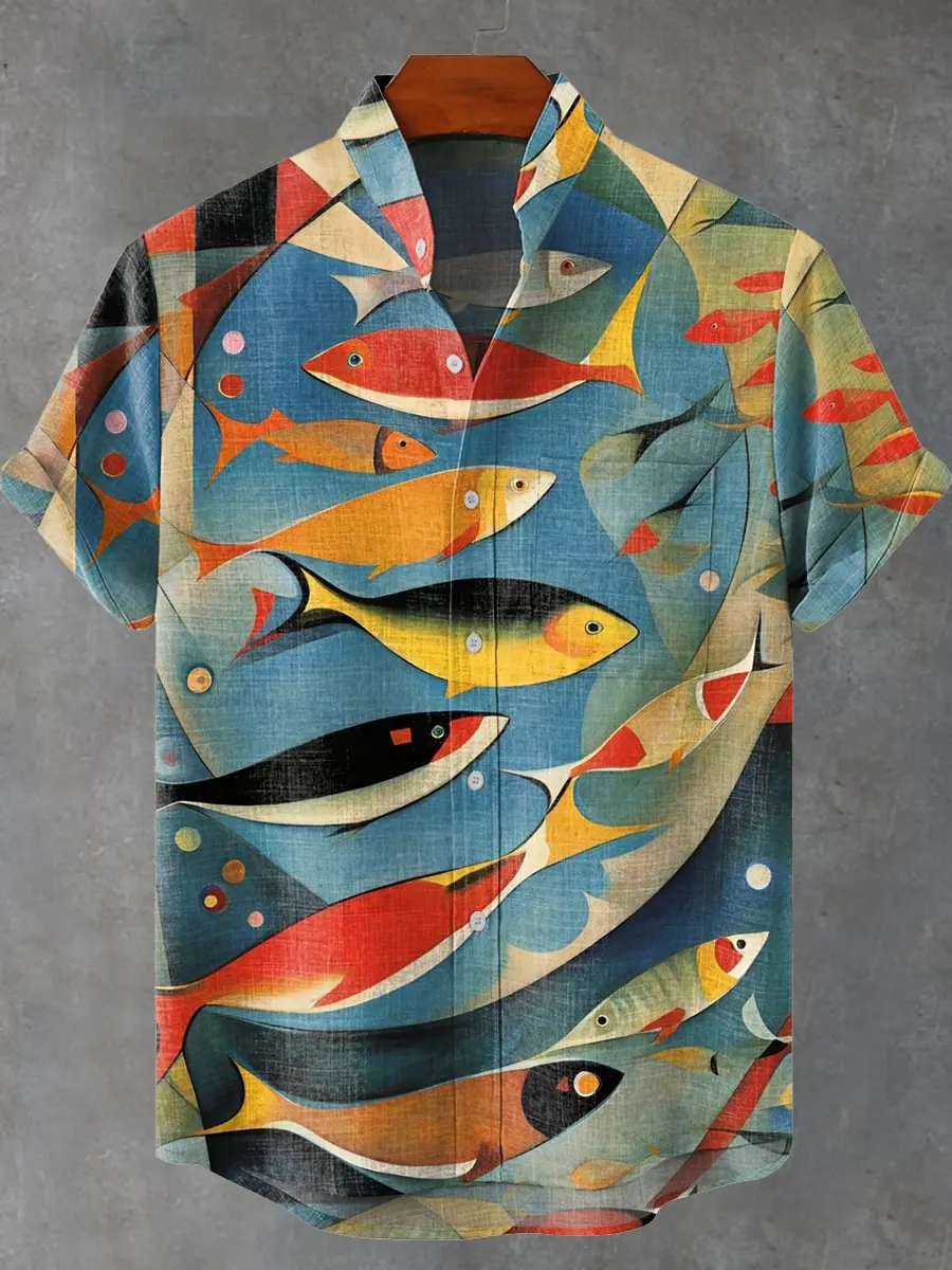 

2025 men's summer casual linen short sleeved shirt, high-quality and fashionable button top, 3D printed with ocean fish pattern