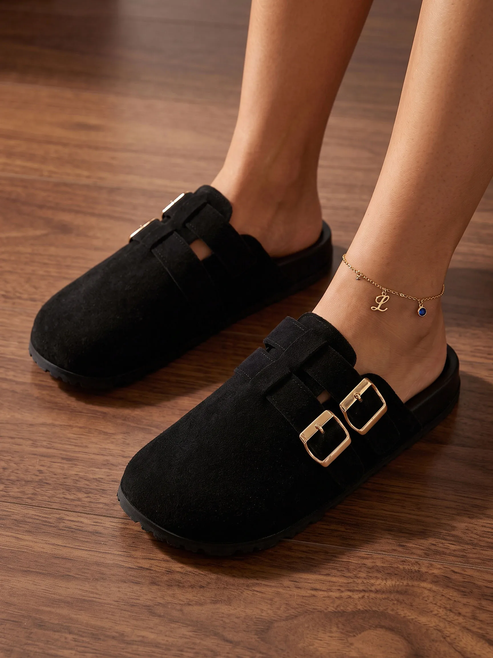 Women's Double Buckle Suede Clogs Mules Closed Toe Soft Sole Slip On Plus Size All Seasons Casual Walking Comfort Shoes