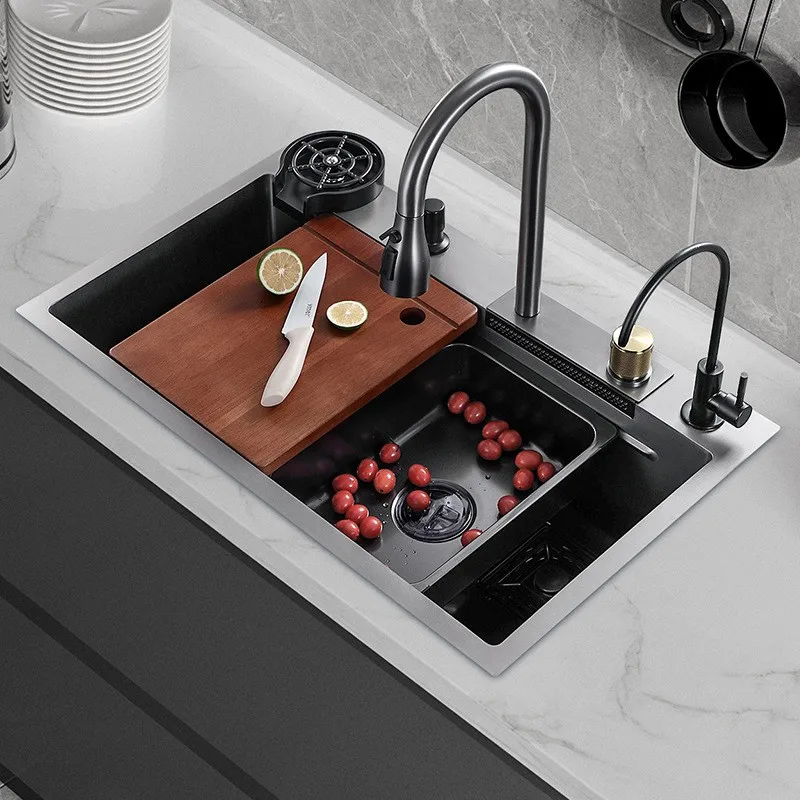 With Faucet Multi-Function Workstation New Fashionable Black  Stainless Steel Single Bowl Kitchen Sink