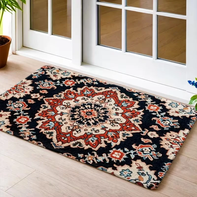 Vintage Black Base Persian Door Mat Non Slip Entrance Doormat Traditional Oriental Floral Medallion Floor Rug