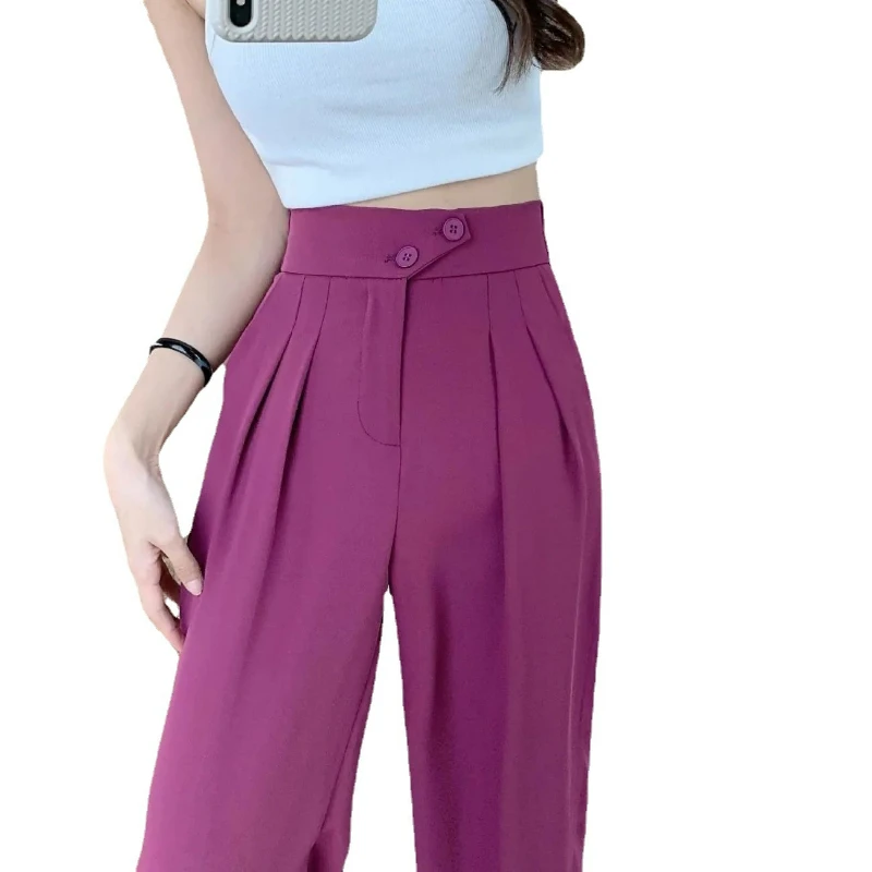 Women Solid Wide Leg Pants High Waist Button Spliced Trousers Casual Pockets Long Pant Loose Elegant Sporty Office Ladies