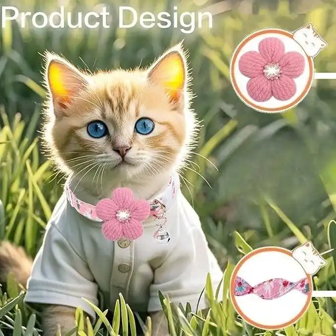 Katzenhalsband, abreißbares Kätzchenhalsband mit Blumen-Strasssteinen, Kitty-Halsband mit Glöckchen, florales Haustierhalsband mit für Katzen und Welpen – Detail 8