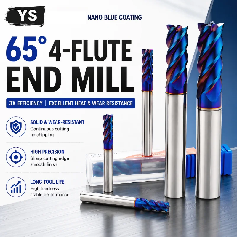 

YS HRC65 Degree 4 Flute End Mill Nano Blue Coated Carbide Milling Cutter CNC Router Bit for Steel Aluminum Copper Acrylic