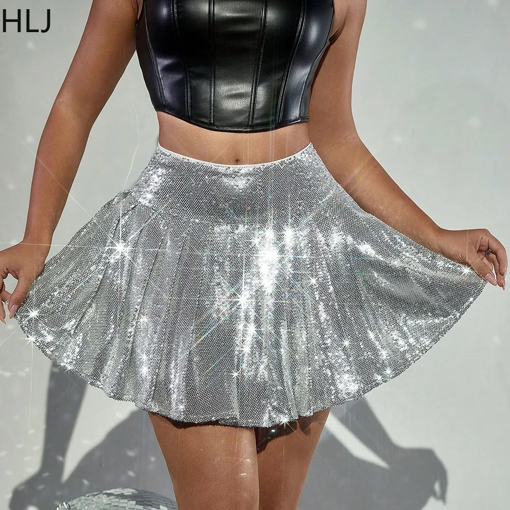 HLJ Silvery Sexy Sequin Hot Girl Streetwear Women High Waisted Sparkling Pleated Mini Skirts Spring New Female Party Club Skirts