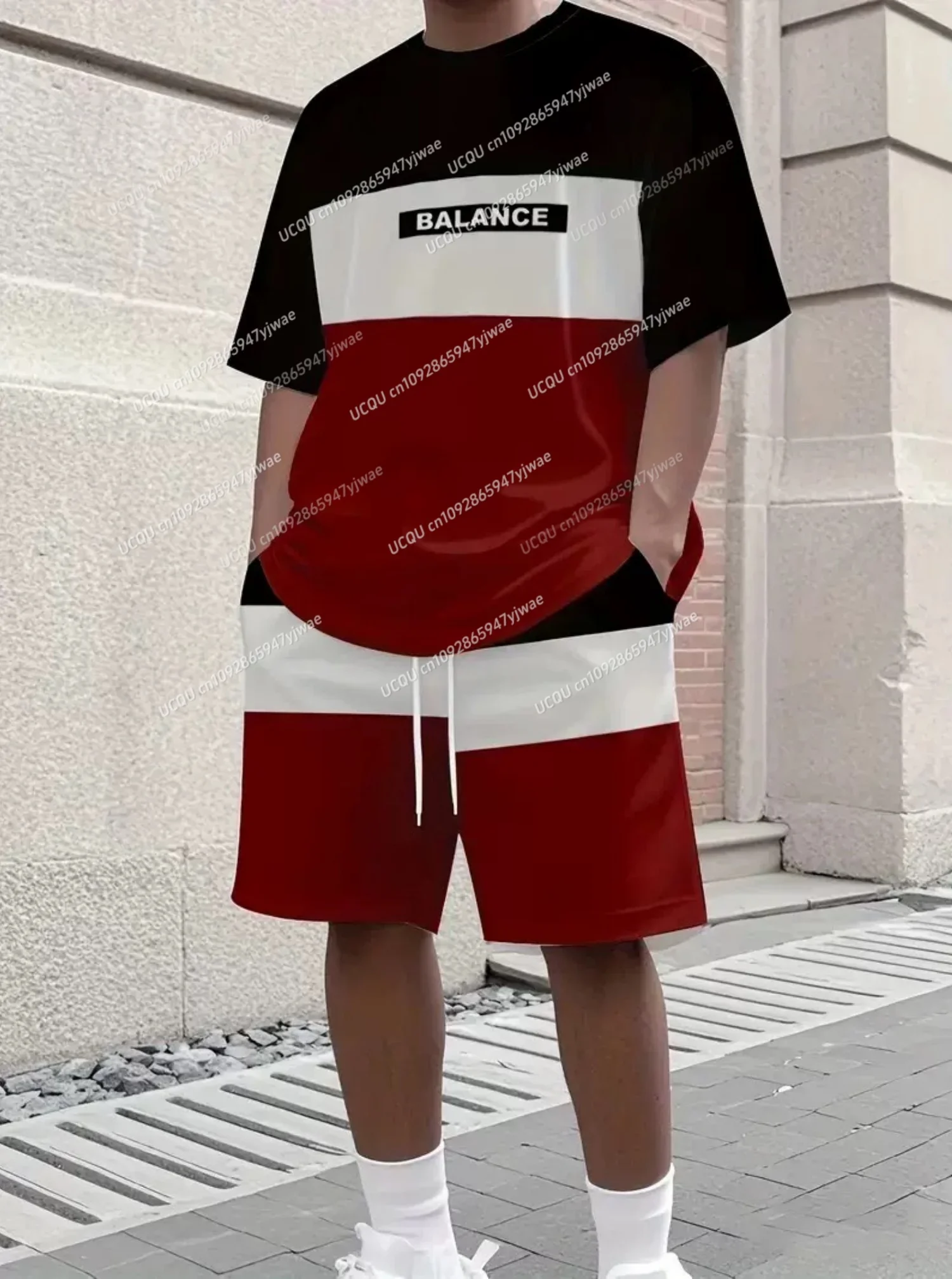 

Summer Men Polyester Lightweight BALANCE Print Men's Short Sleeve T-Shirt Shorts Set Adult Tracksuit Jogging 2 Piece Set