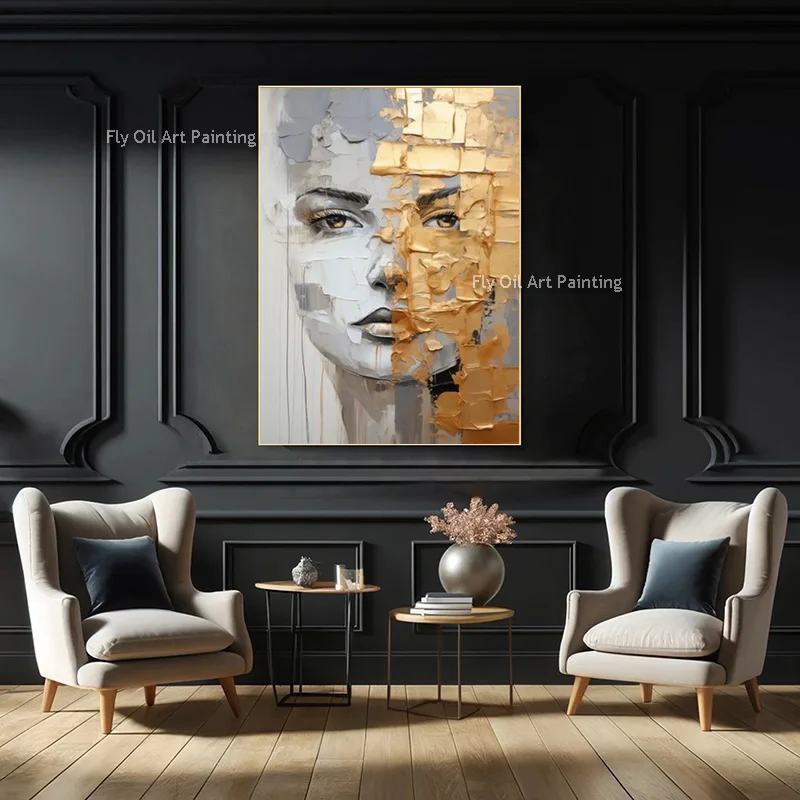 Large Gold Foil And Grey Women Face Canvas Thick Oil Painting New Hand Made Beige White Abstract Bedroom Decor Items As Gifts