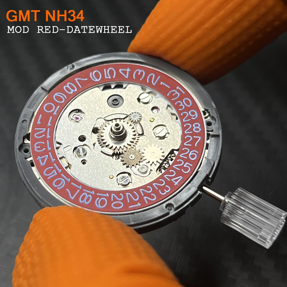 Japan Original NH34 GMT Automatic Mechanical Movement Modified Red Datewheel 3H 24 Jewels High Accuracy NH34A/4R34 Mechanism Mod