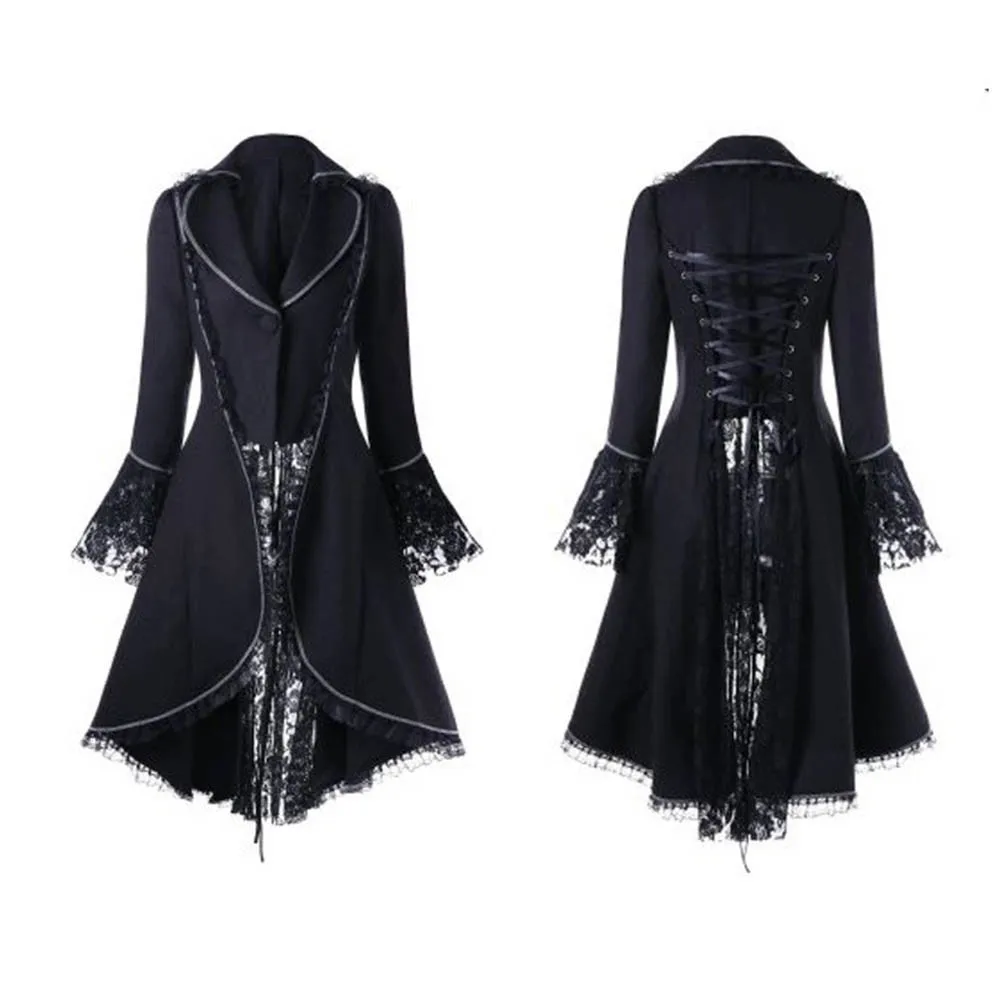 Women Lace Trim Lace-up High Low Coat Black Steampunk Victorian Style Gothic Jacket Medieval Noble Court Dress Plus Size S-5XL