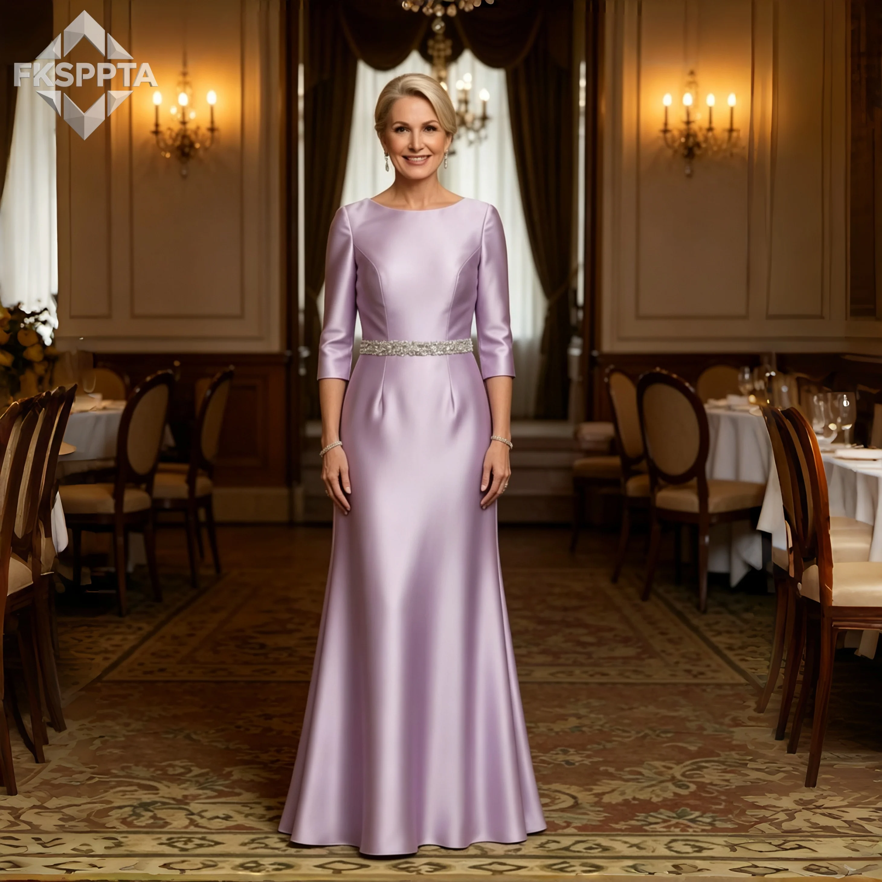 Light Lilac Long Mermaid Mother Of The Bride Dresses Crystal Sashes 3/4 Sleeves Satin Maxi Women Formal Gowns For Mother