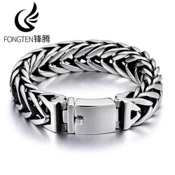 Fongten 23cm Mesh Chain Men Bracelet Stainless Steel Heavy Braided Charm Bangle Bracelet For Men Silver Color Shiny Jewelry