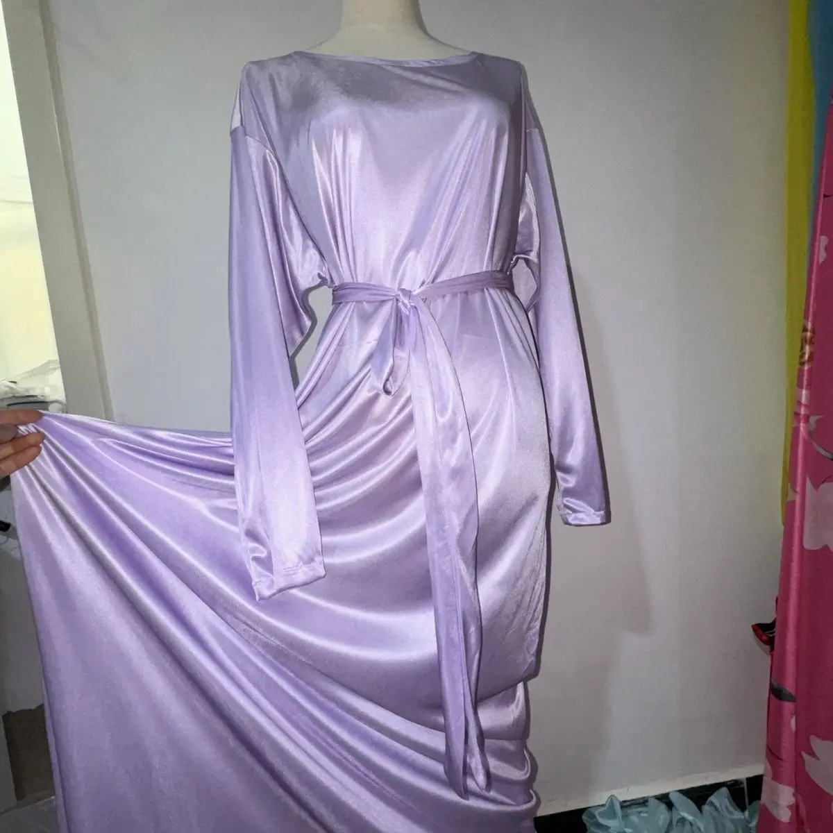 Glossy Violet Sexy Women Satin Long Dress Long Sleeve Loose Night Dress Plus Size Sleeping Robe