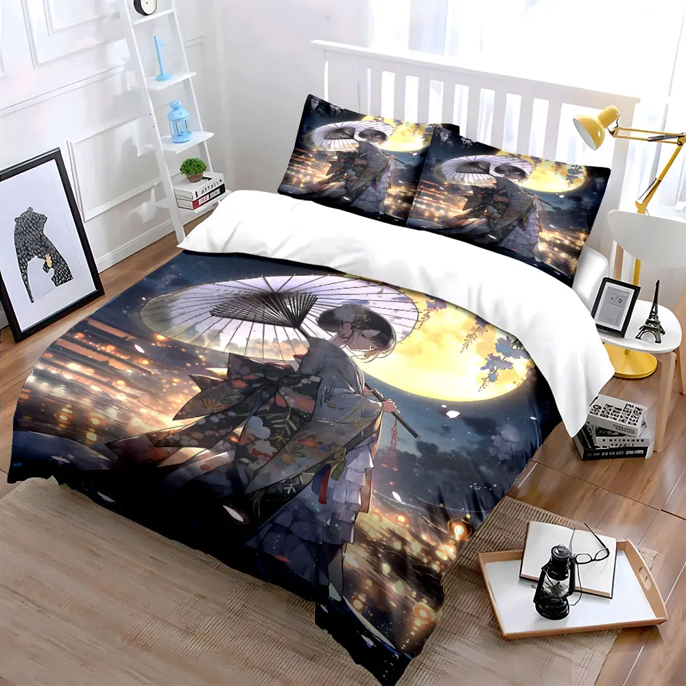 Kimono-clad girl under full moon Print Bedding Set 1 Duvet Cover 2 Pillowcases for Adult and Children Luxury Gift Full Size
