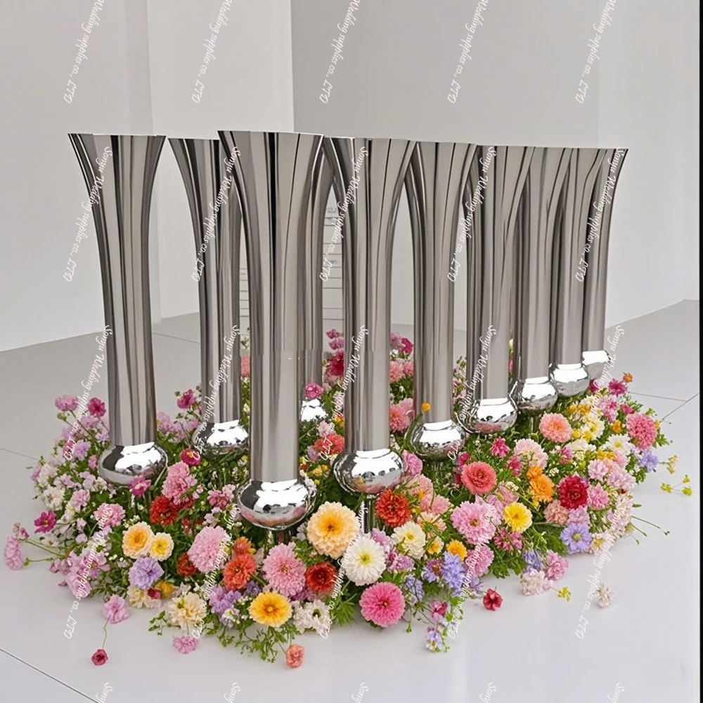 4 to 14pcs)Gold sliver White Resin cylinder Pillar Floor Vase Pedestal Roman Columns vases for Wedding table Decoration