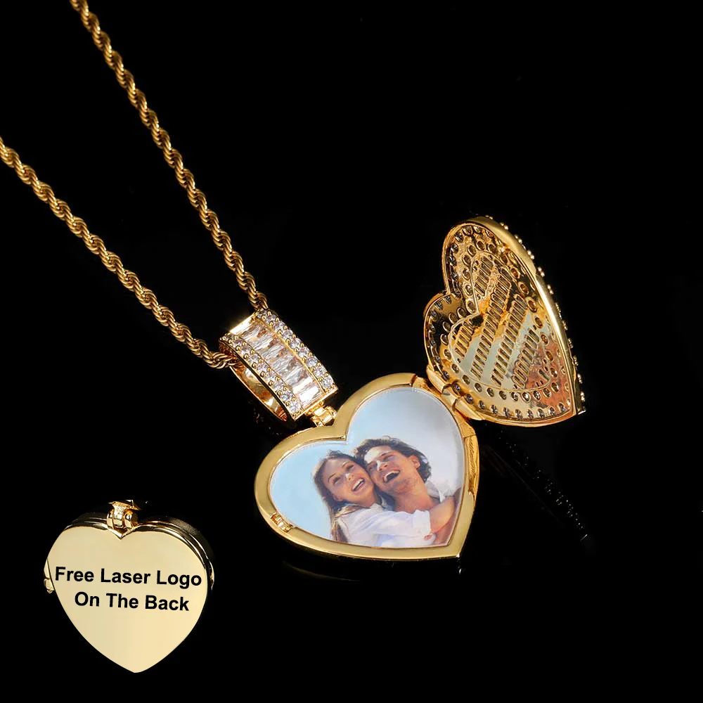 

Custom Flip Heart Picture Charms Pendant Necklace Full Diamond Hip Hop Jewelry Iced Out Locket Heart Photo Pendant Necklace