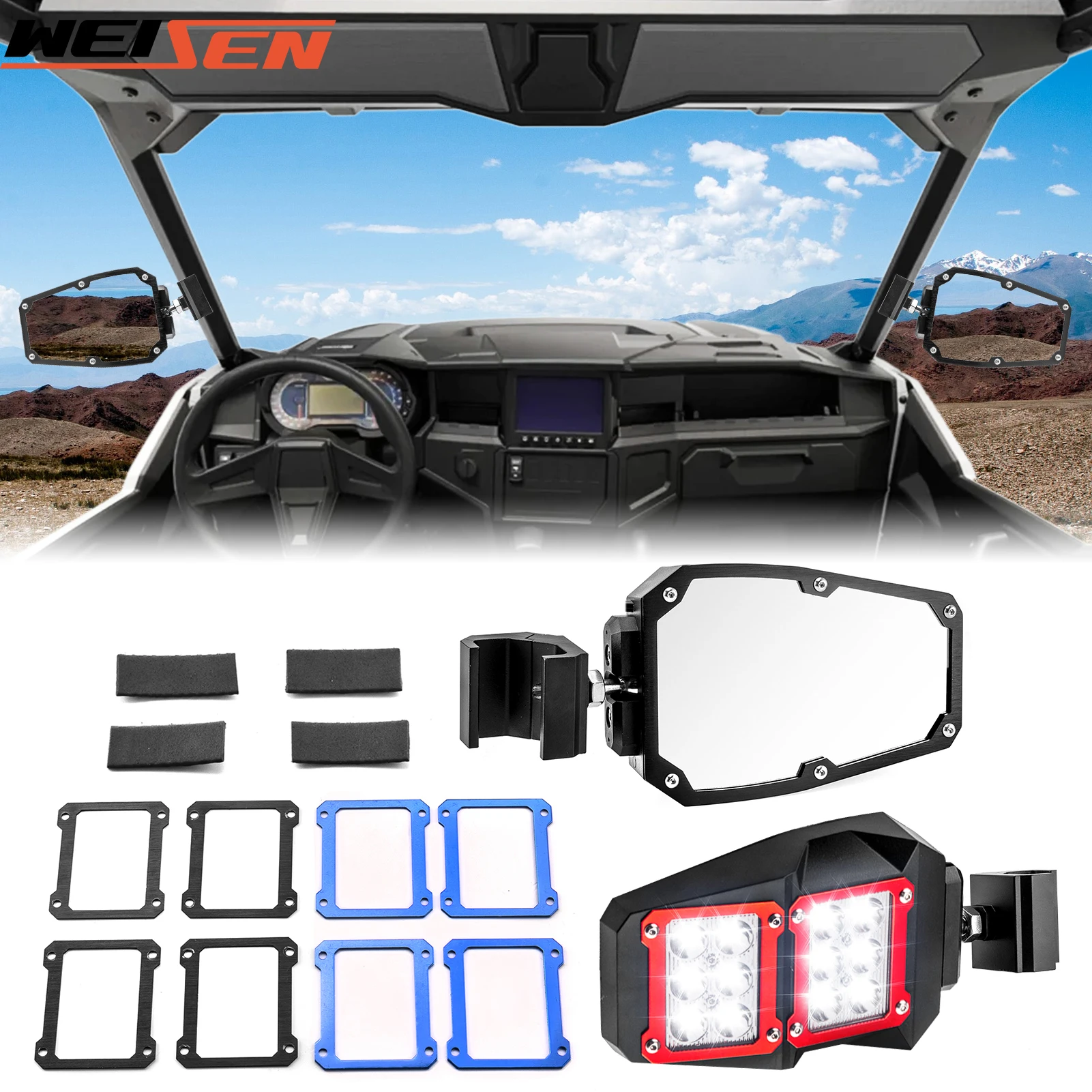 UTV Off Road Racing Flat Side Rear View Mirror with 24 Led White Spot Light for 2016+ Polaris Ranger General 500 570 1000 900