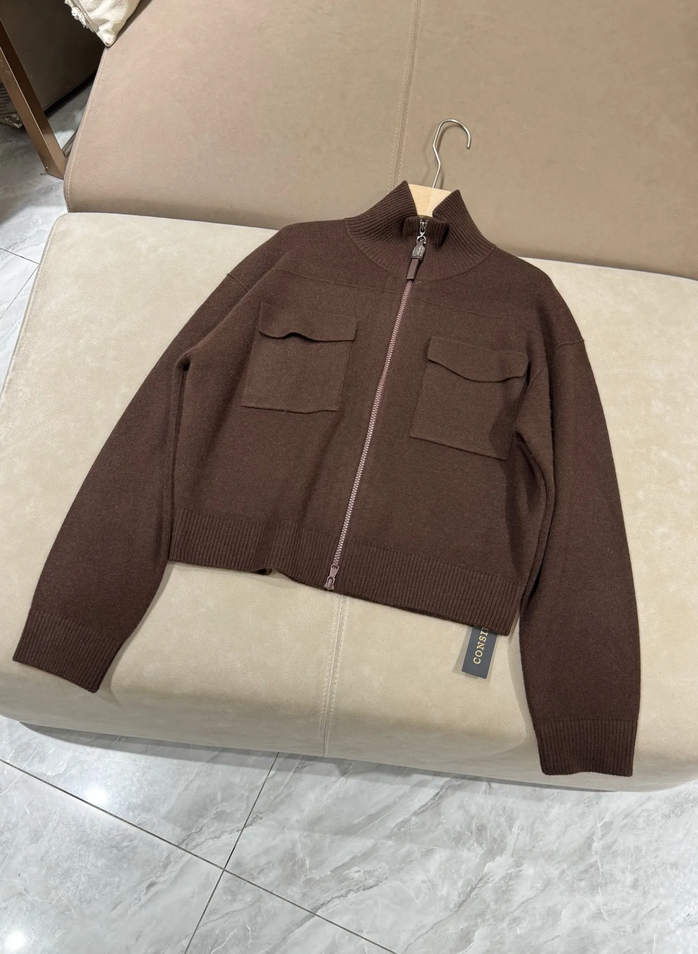 Cardigan tricoté en cachemire pour femmes, col à Double poche, fermeture éclair, pantalon, ensemble deux pièces à la mode