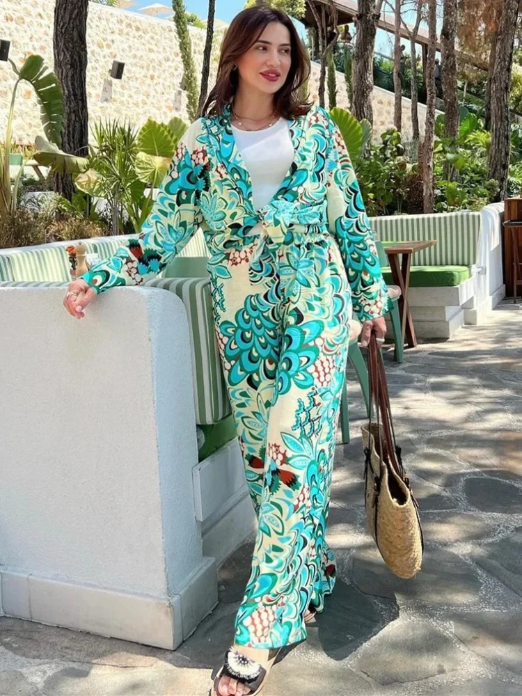 Eid Modest Muslim Two Piece Sets Women Print Shirts & Wide Leg Pants Set Musulman Ensembles Full Sleeve Loose High Waist Long