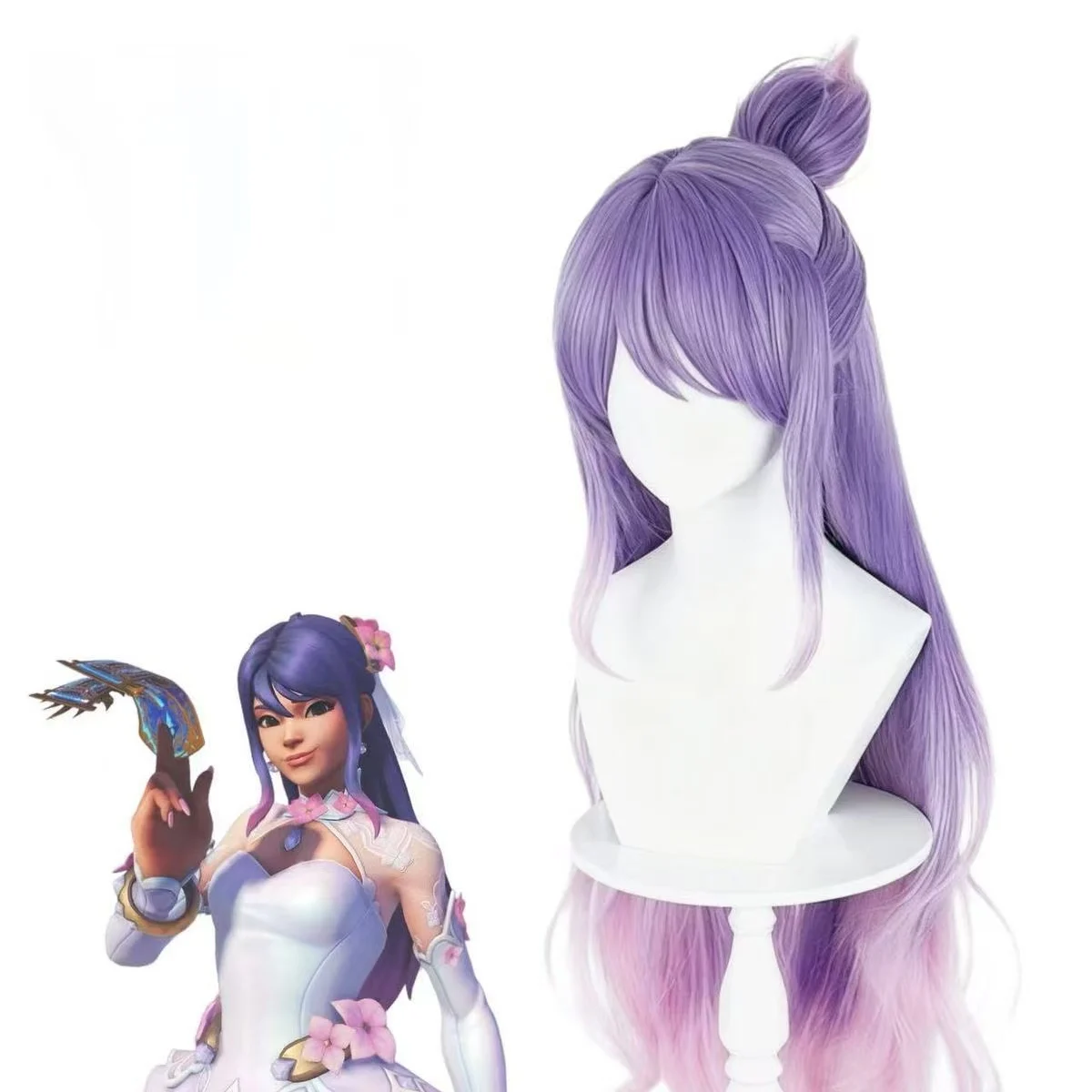 Kiriko Wedding Bridal Style Cosplay Wig Purple‑Pink Ombre Long Wavy Ponytail Cosplay Hair For Halloween Party Comic Con