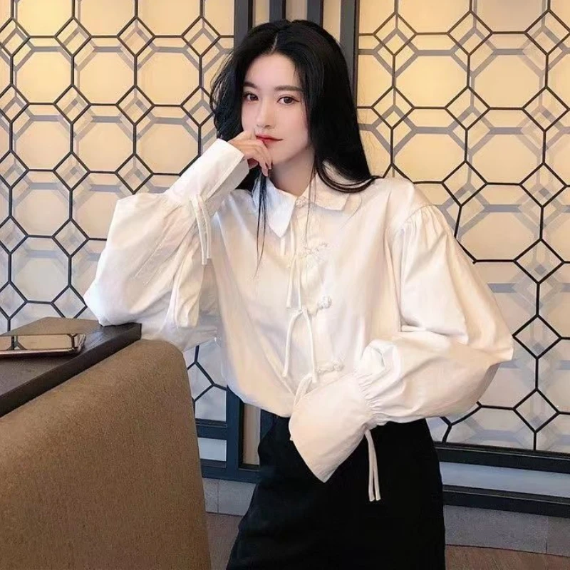 Korean Style White Shirts for Women Loose Vintage Button High Street Fashion Graceful Lantern Sleeve Tops BF Lovely Youth Chic