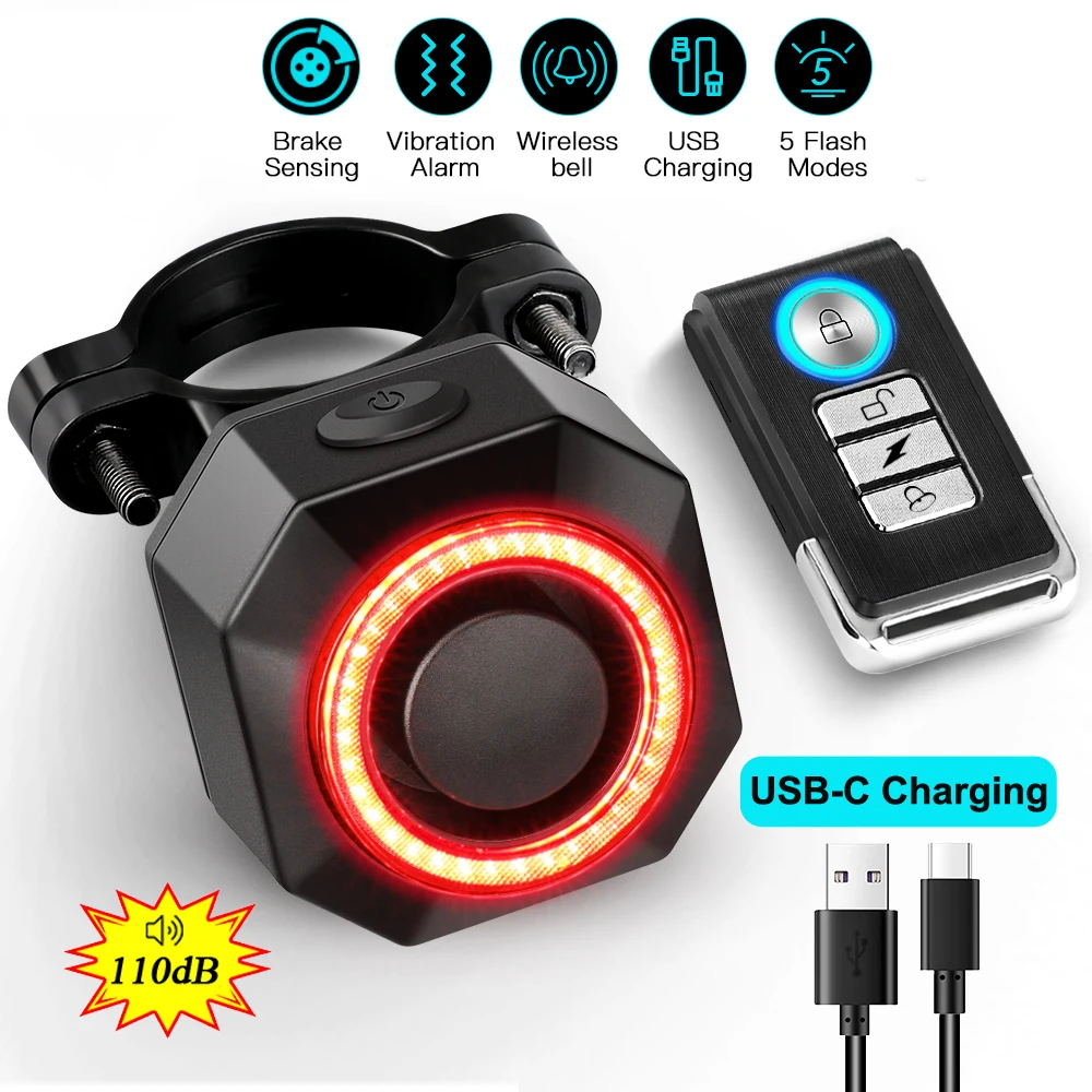 Rockbye Bicycle Alarm Taillight Waterproof Remote Control Anti Theft Bike Bell Smart Brake Sensing Rechargeable Cycling Light