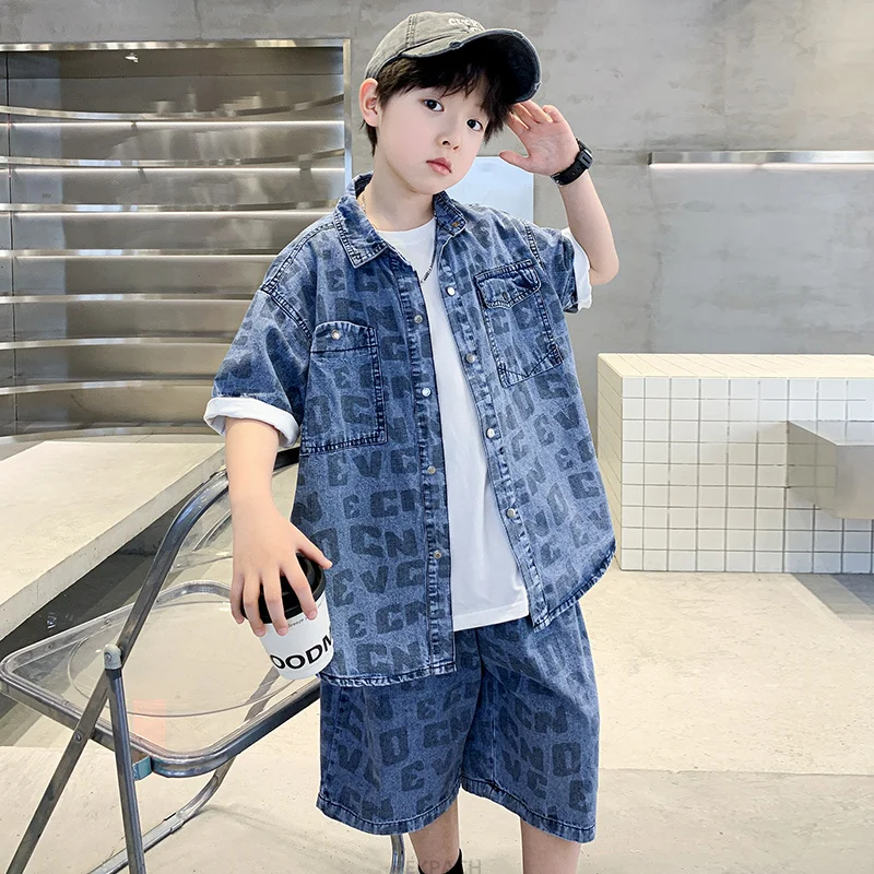 Kids Summer Casual Clothing Set for Tween Boys Shirt And Short Denim 2 Piece Outfit Set Teens Child Cool Streetwear Suit Wear
