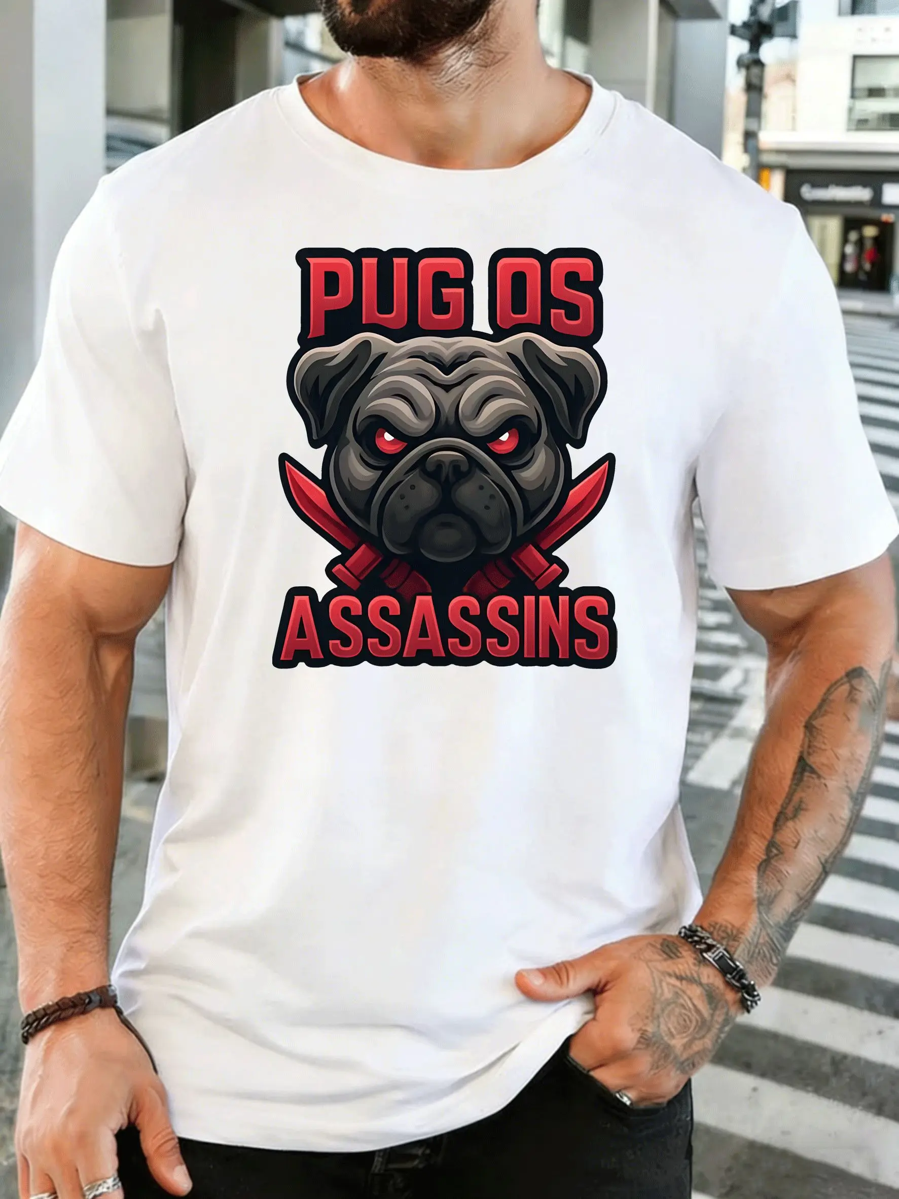 Men T Shirt Short Sleeve Pug Os Assassins Graphic Tee Pug Dog Cross Knives Soft Cotton O Neck Casual Tops Adult Male Daily Wear