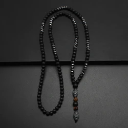 Black Obsidian Round Beads Hematite Old Man Head Pendant Y Necklace Men's Jewelry