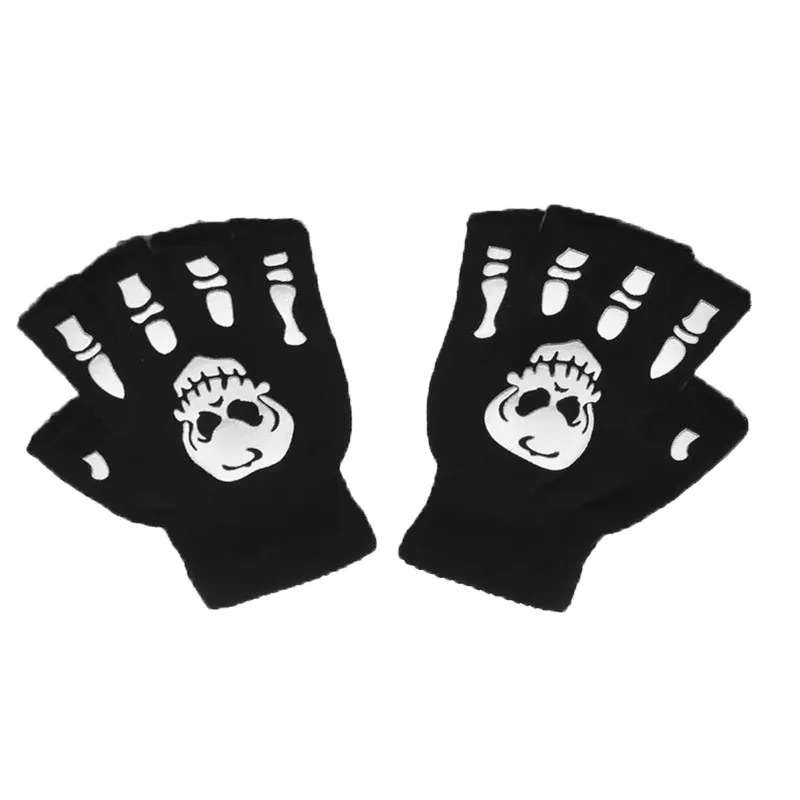 1/2/3/4 paar New Kids Halloween Skeletschedel Half Vinger Lichtgevende Punk Handschoenen Winter schedel Vingerloze Zwarte Wanten