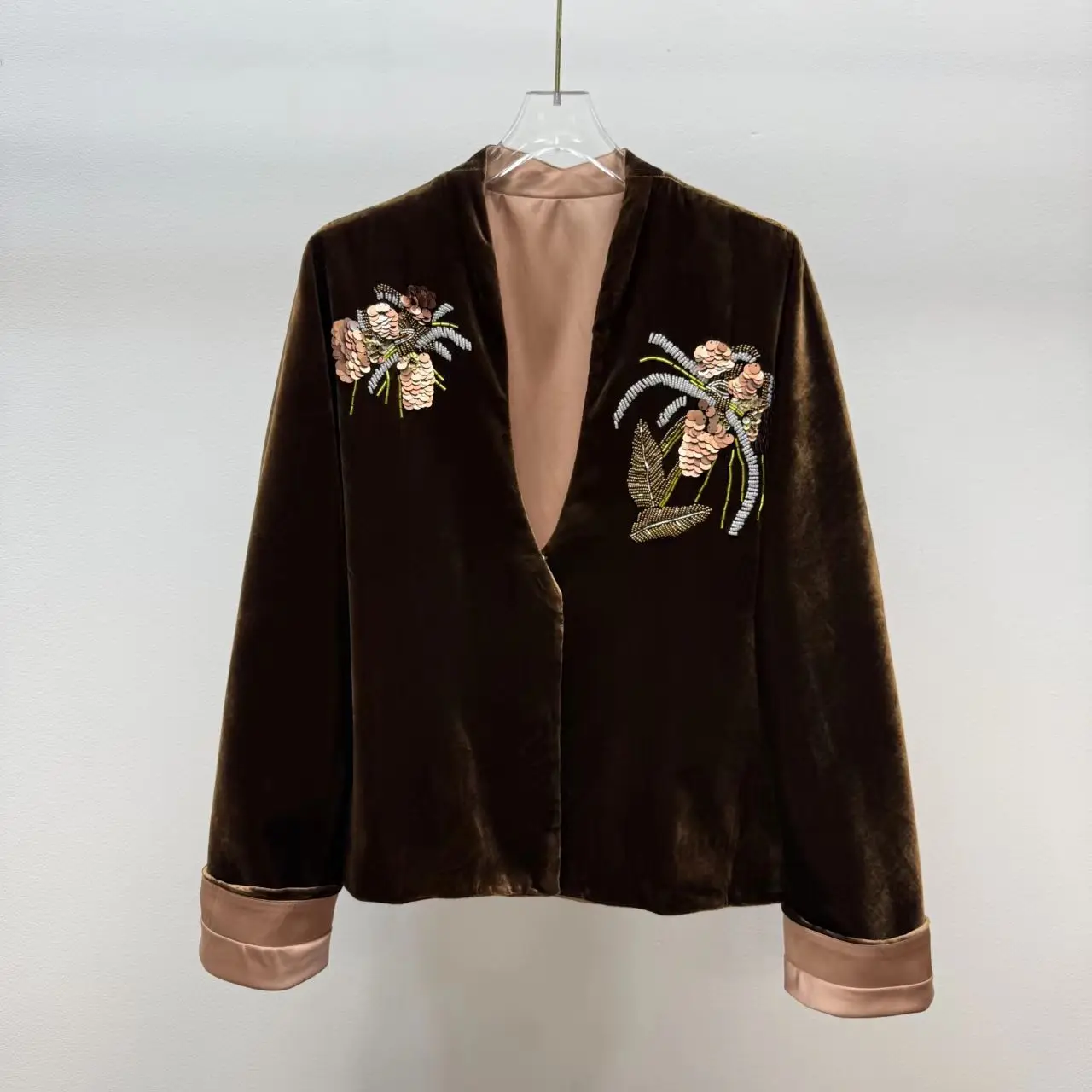 Women Luxury Silk Velvet Jacket V‑Neck Exquisite Beaded Embellishment Long Sleeve Elegant Loose Fit Outerwear Spring Autumn