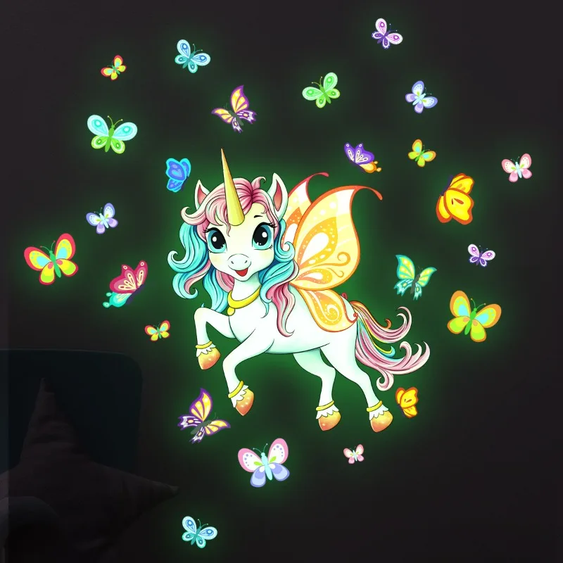Cartoon Pony Colorful Butterfly Luminous Removable Sticker Wall Decoration for Girl Bedroom Living Room Background Posters