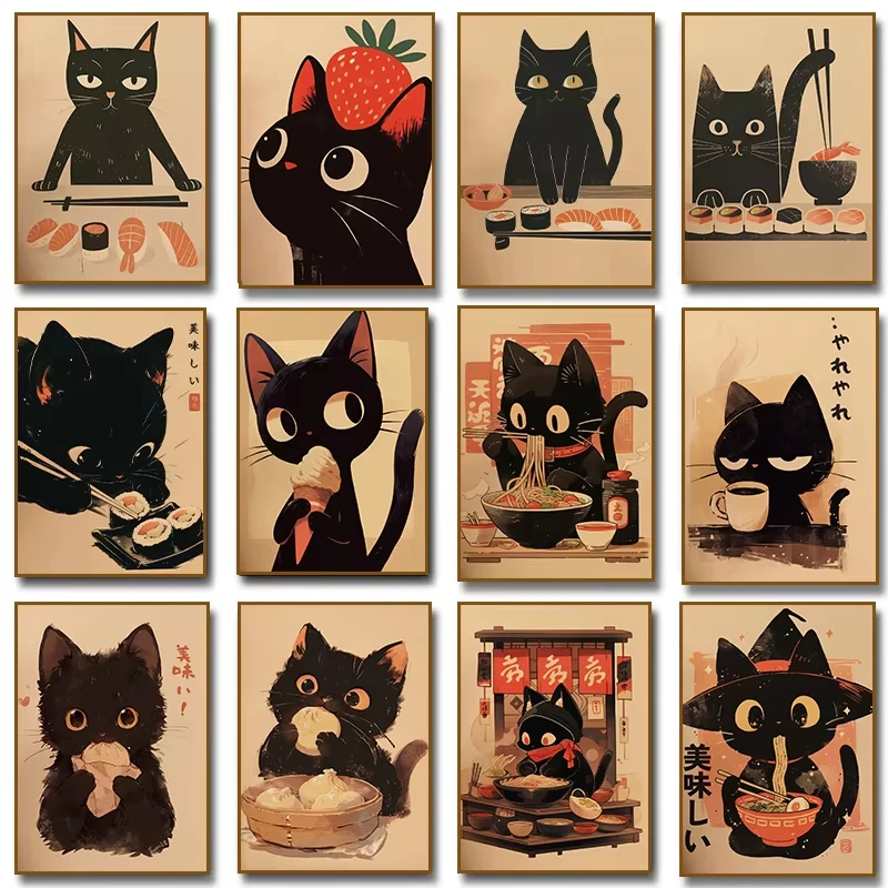 Retro lindo animales comida japonés Sushi Chef gato negro comer Ramen impresiones y carteles imágenes artísticas de pared para habitación cocina decoración del hogar