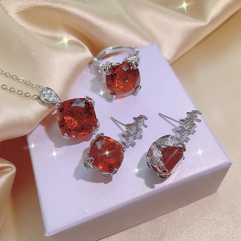 925 Sterling Silver Fashionable Navy Blue Treasure Topaz Necklace Square Earrings Ring Violet Diamond Jewelry Three Piece Set